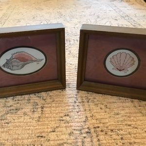 Set of two vintage framed seashell cross stitch.